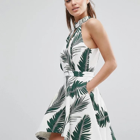 C/MEO Collective Witness Fit & Flare Palm Leaf Print Halter Cut Out Dress Sz L - Picture 2 of 7